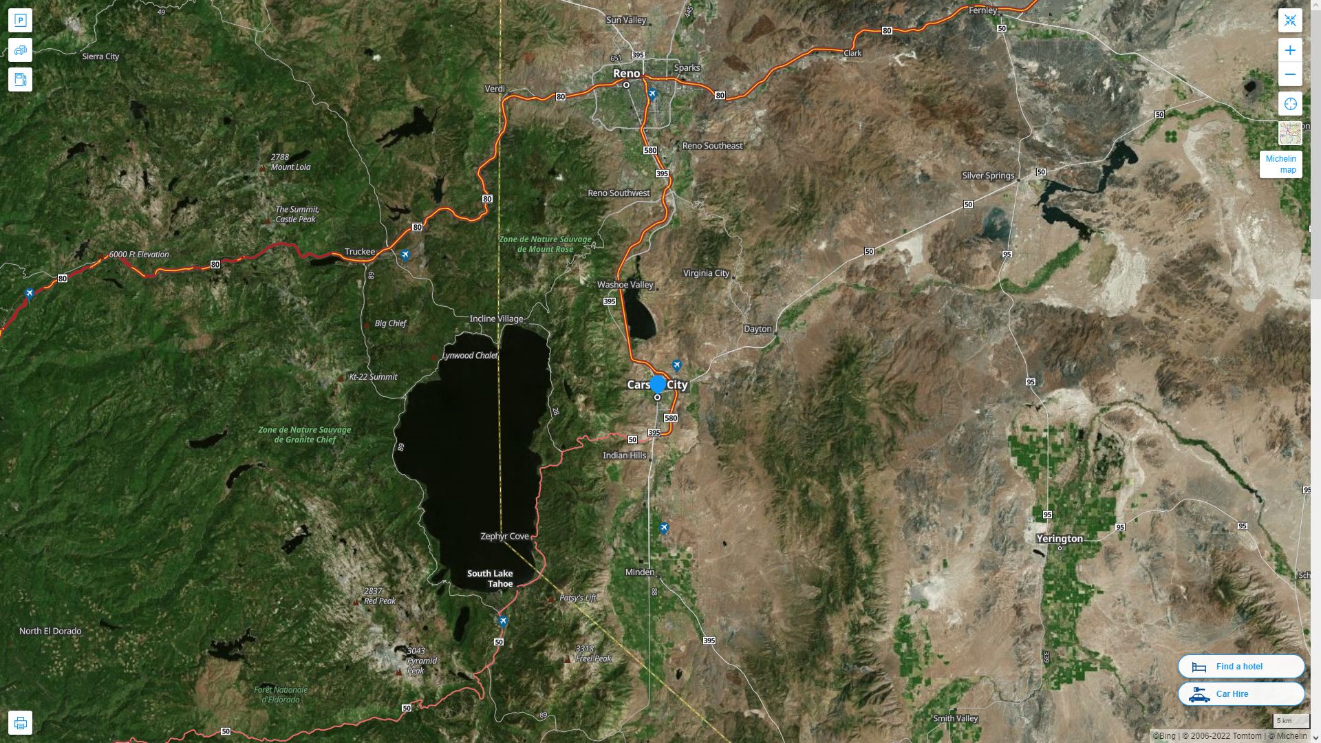 Carson City Nevada Highway and Road Map with Satellite View